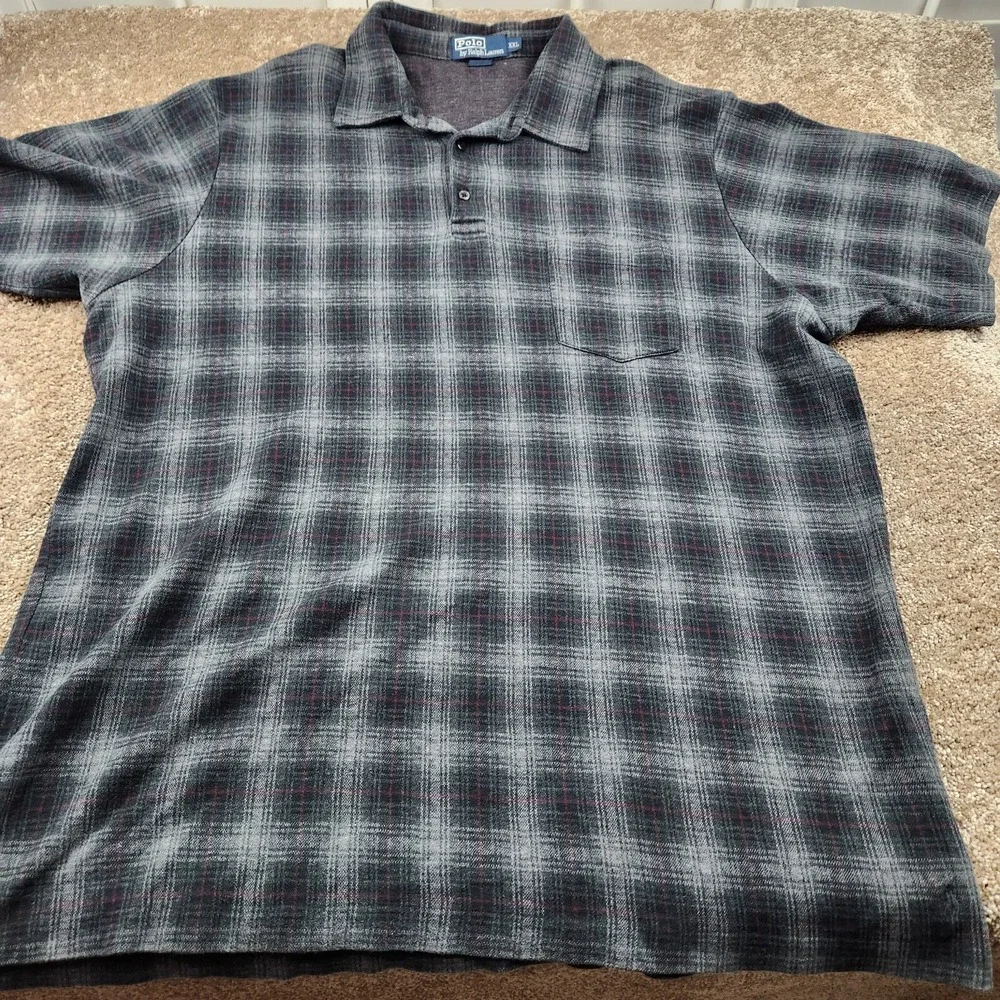 Polo Ralph Lauren Blue Plaid‎ Short Sleeve Polo Golf Shirt XXL 2XL Flannel